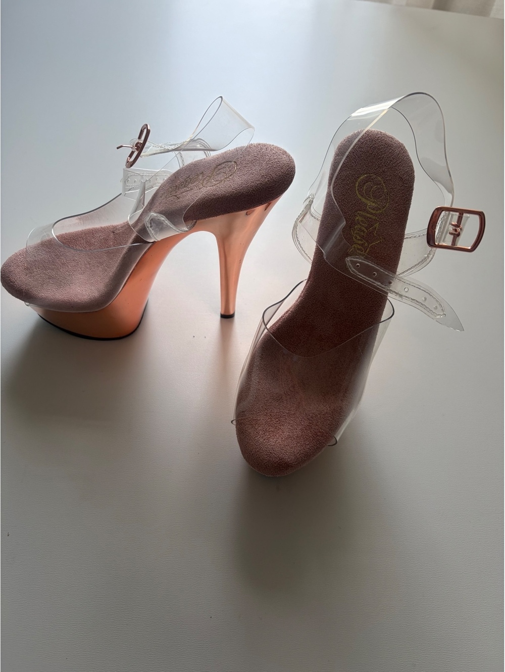 Pleaser Clear Strap Rose Gold High Heel Sandals